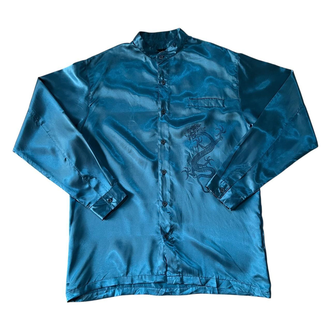Vintage City Wear Traditional Dragon Graphic Blue Silk Effect Long Sleeve Shirt