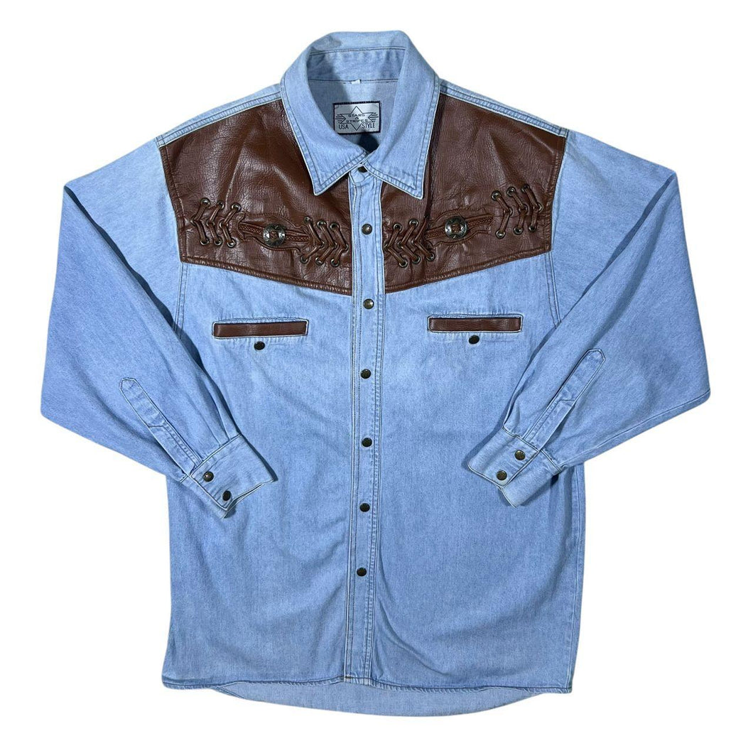 Vintage Stars & Stripes Cowboy Western Blue Denim Cotton Popper Long Sleeve Shirt
