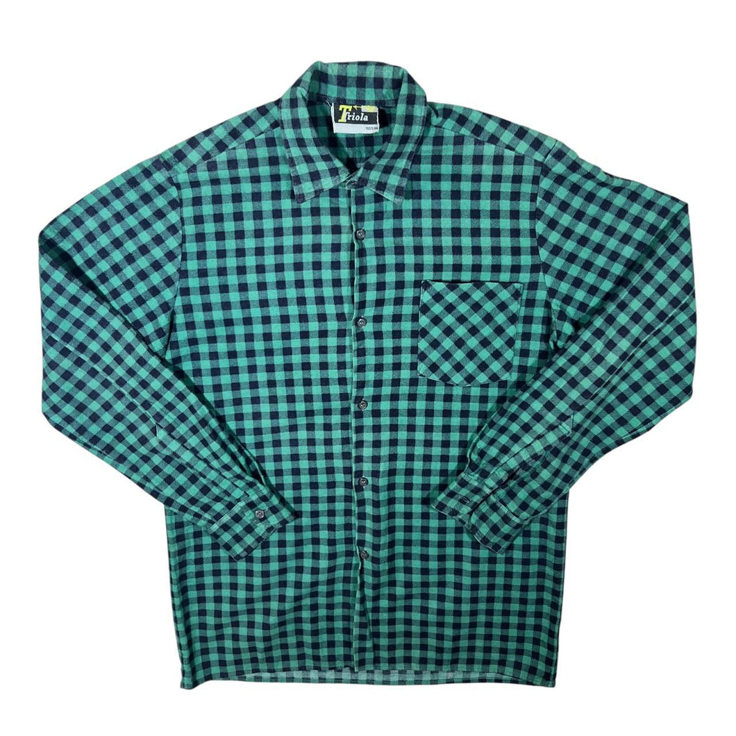 Vintage Triola Green Black Emo Plaid Check Long Sleeve Cotton Flannel Shirt