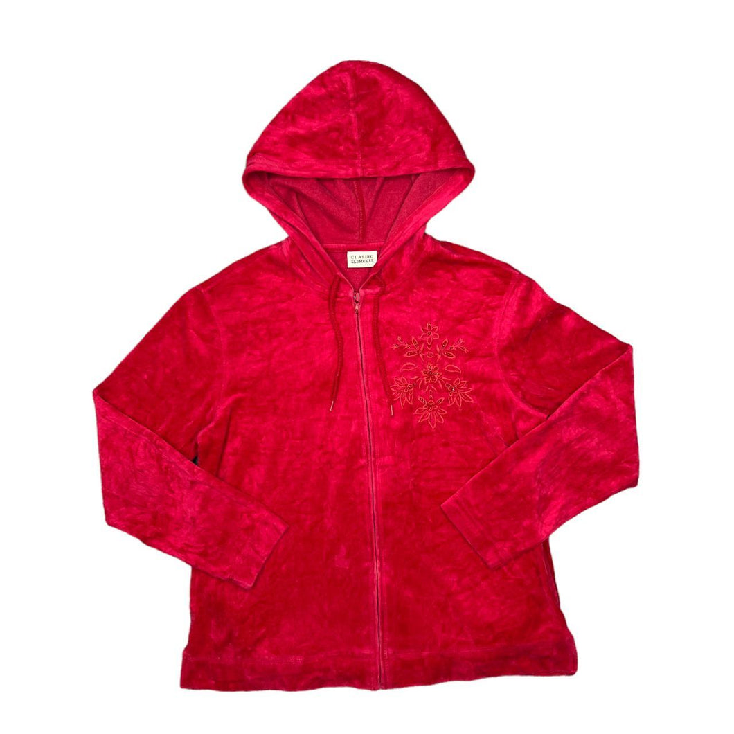 Early 00's CLASSIC ELEMENTS Embroidered Floral Y2K Classic Basic Essential Velvet Velour Zip Hooded Tracksuit Top