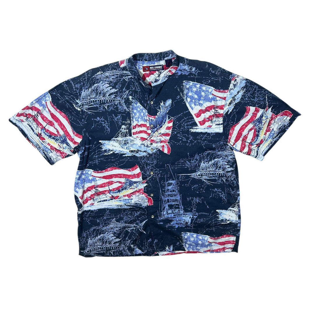 Reel Legends Fishing USA Patriotic All-Over Print Patterned Short Sleeve Grandad Collared Shirt
