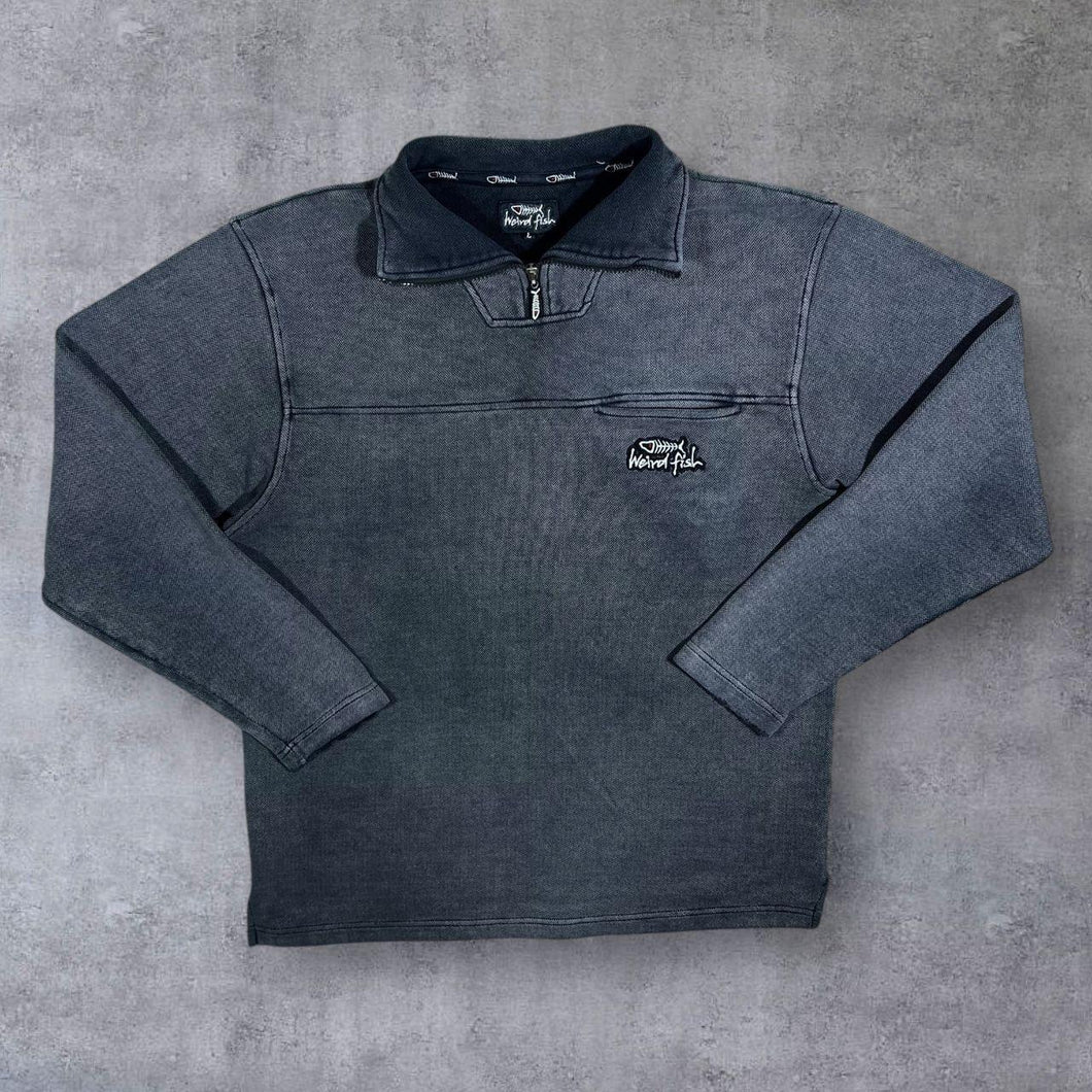 Early 00's Weird Fish Embroidered Logo Faded Grey-Black 1/4 Zip Pullover Sweatshirt