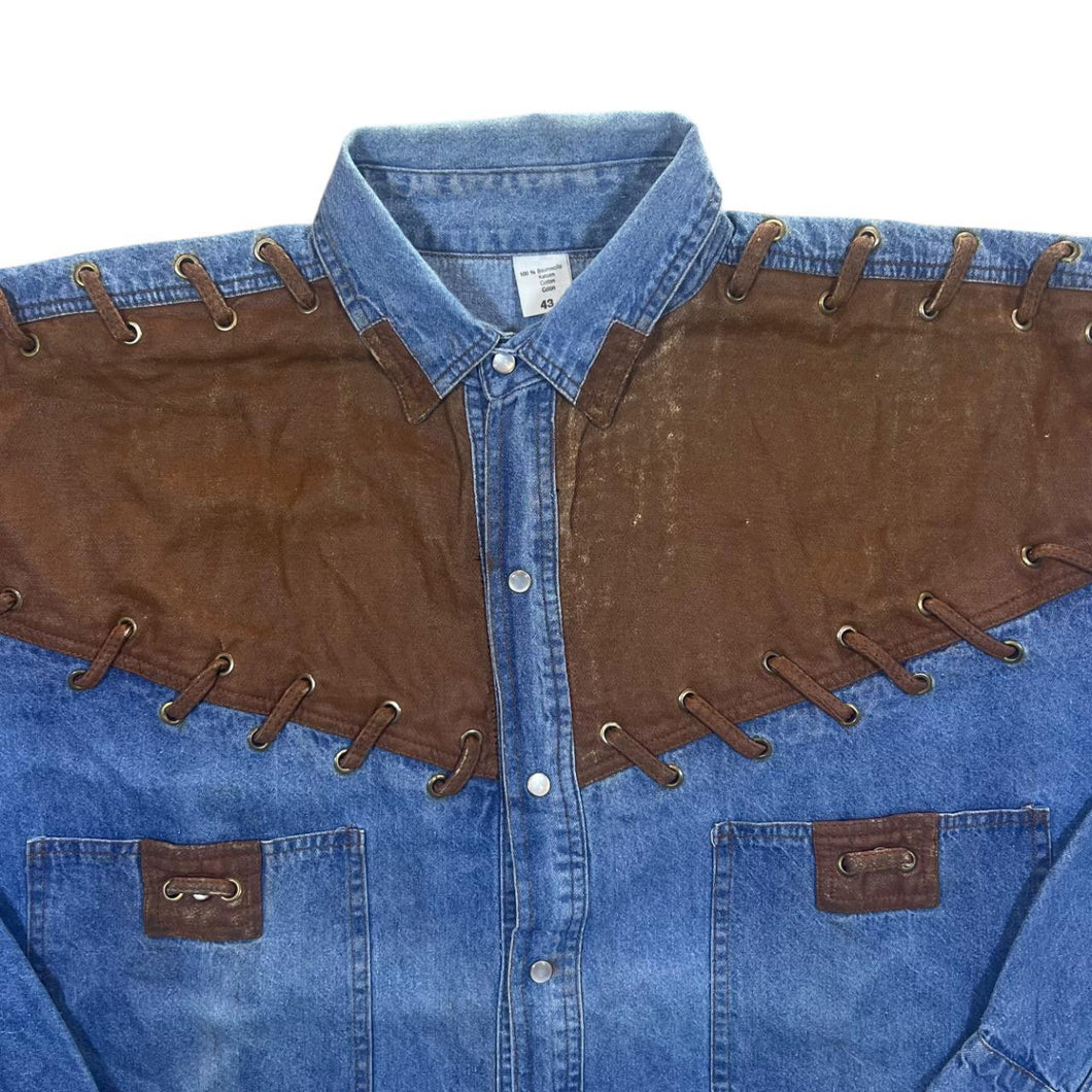Vintage Cowboy Western Brown Lace Panel Blue Denim Popper Long Sleeve Shirt