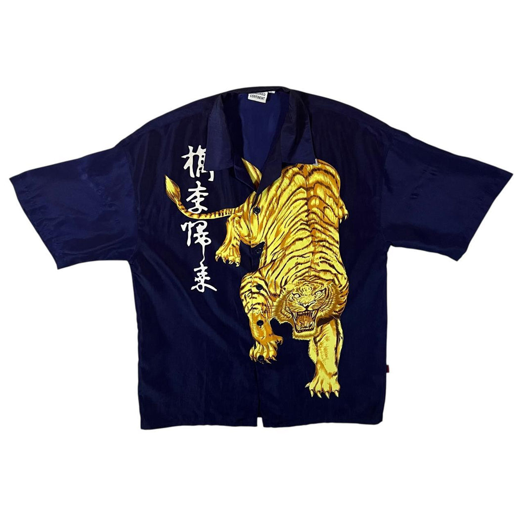 Early 00's Hundred Continent Gothic Y2K Traditional Tiger Navy Blue Short Sleeve Shirt