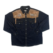 Load image into Gallery viewer, Vintage JOHN F. GEE Embroidered Horse Tassle Leather Panel Cowboy Western Black Denim Long Sleeve Shirt

