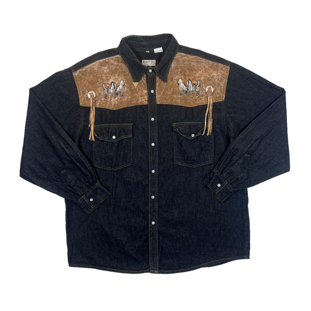 Vintage JOHN F. GEE Embroidered Horse Tassle Leather Panel Cowboy Western Black Denim Long Sleeve Shirt