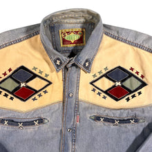 Load image into Gallery viewer, Vintage 90&#39;s Shooter Cowboy Western Light Blue Denim Popper Long Sleeve Shirt
