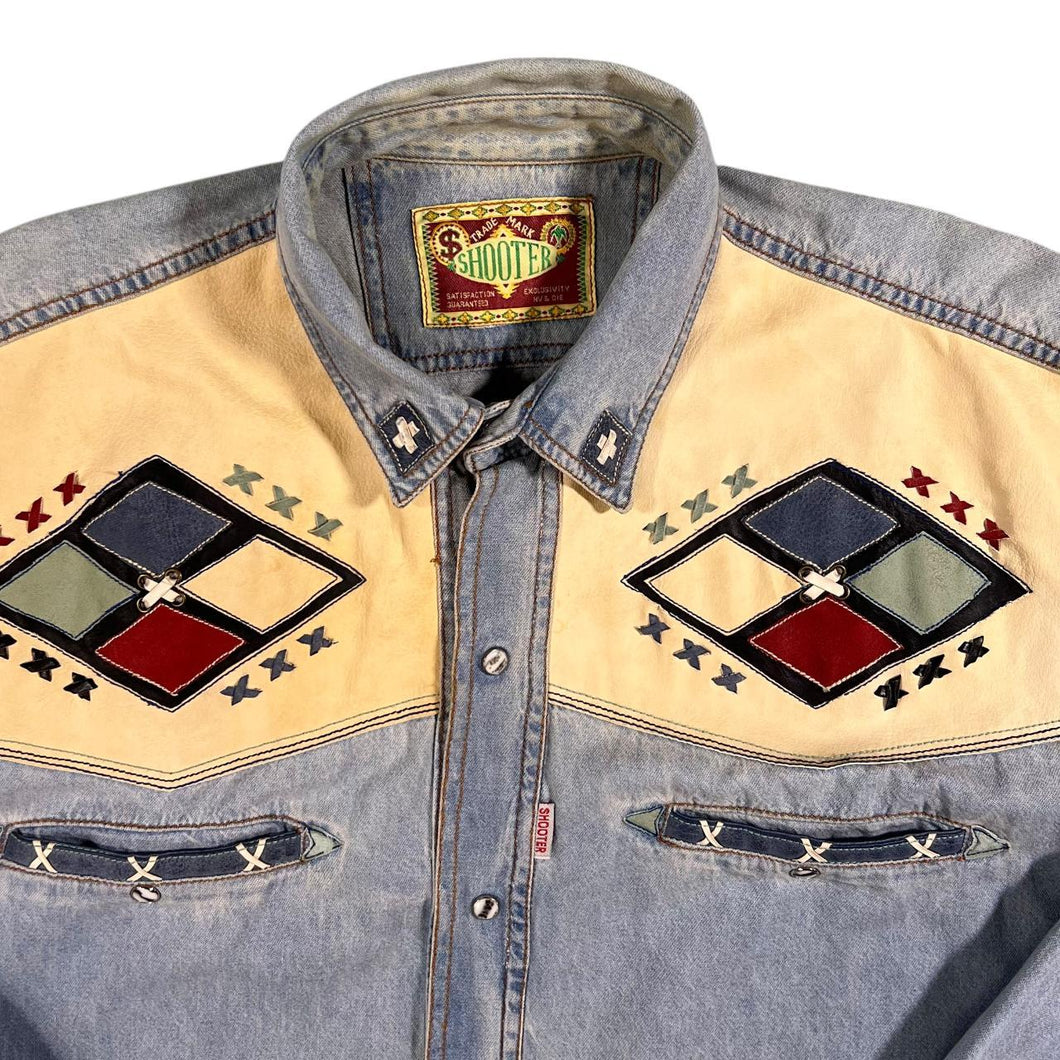 Vintage 90's Shooter Cowboy Western Light Blue Denim Popper Long Sleeve Shirt