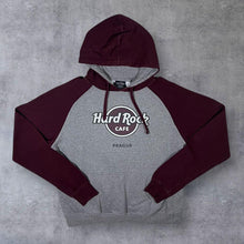 Load image into Gallery viewer, Hard Rock Cafe "Prague" Logo Souvenir Graphic Grey Burgundy Raglan Hoodie
