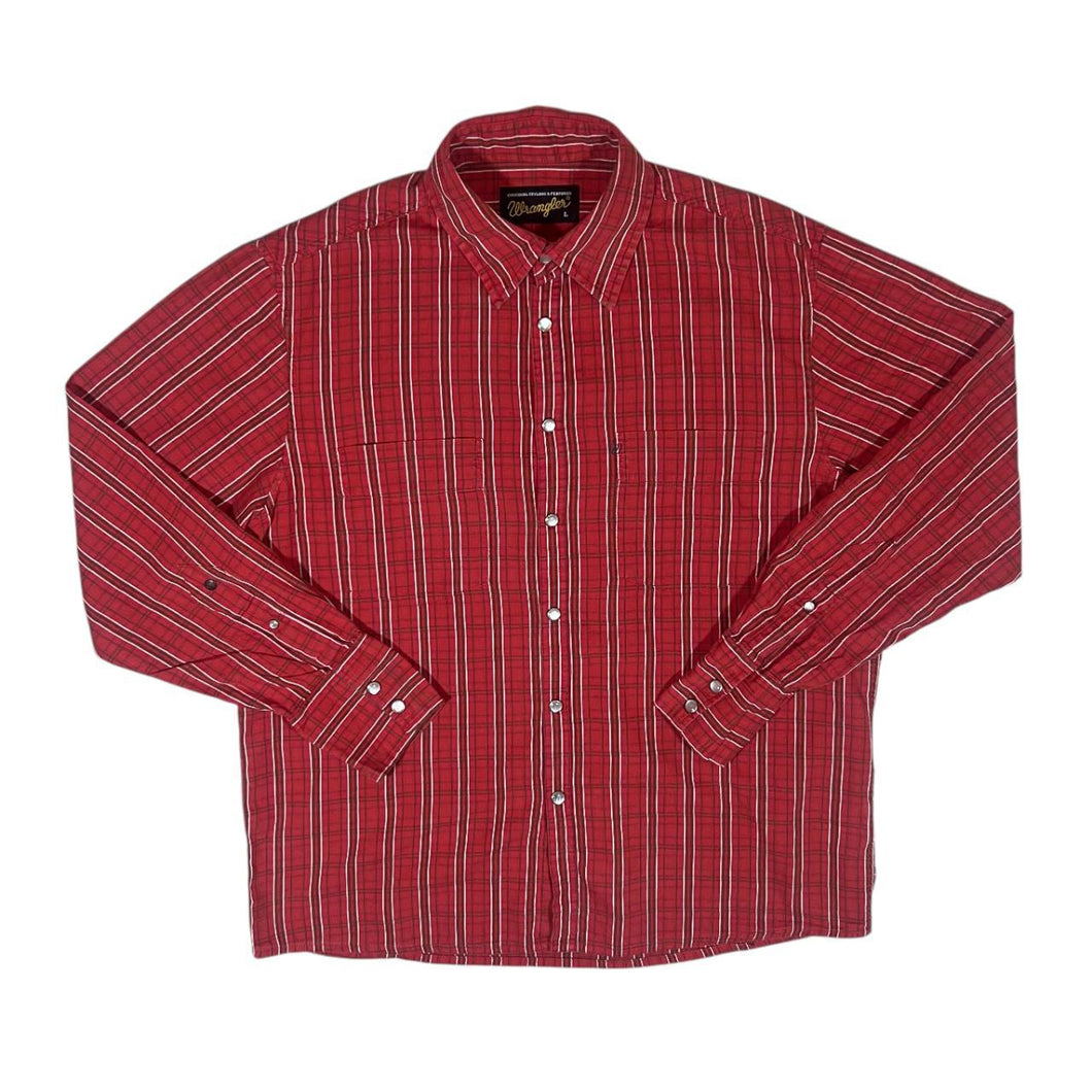 Vintage WRANGLER Western Red Plaid Check Popper Button Long Sleeve Cotton Shirt