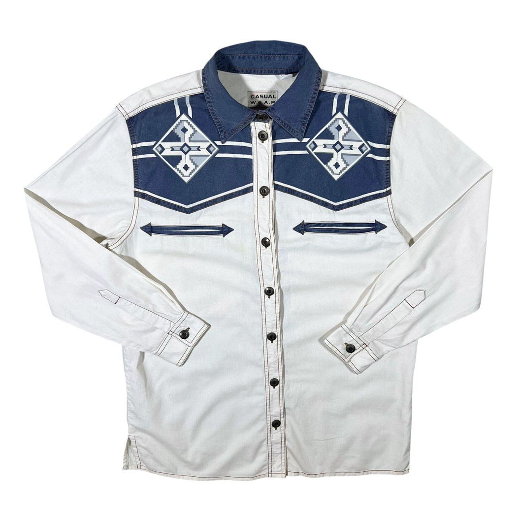 Vintage Casual Wear Aztec Cowboy Western White Blue Cotton Long Sleeve Shirt