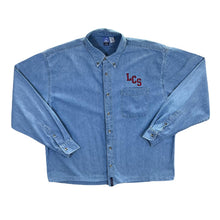 Load image into Gallery viewer, Vintage Port and Company "LCS" College Long Sleeve Button-Up Blue Denim Shirt
