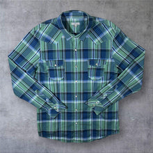 Load image into Gallery viewer, Public Opinion Cowboy Western Blue Green Plaid Check Long Sleeve Popper Shirt
