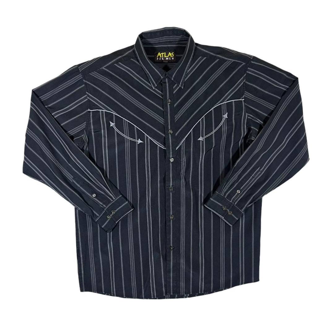 ATLAS FOR MEN Cowboy Western Black Grey Striped Long Sleeve Shirt