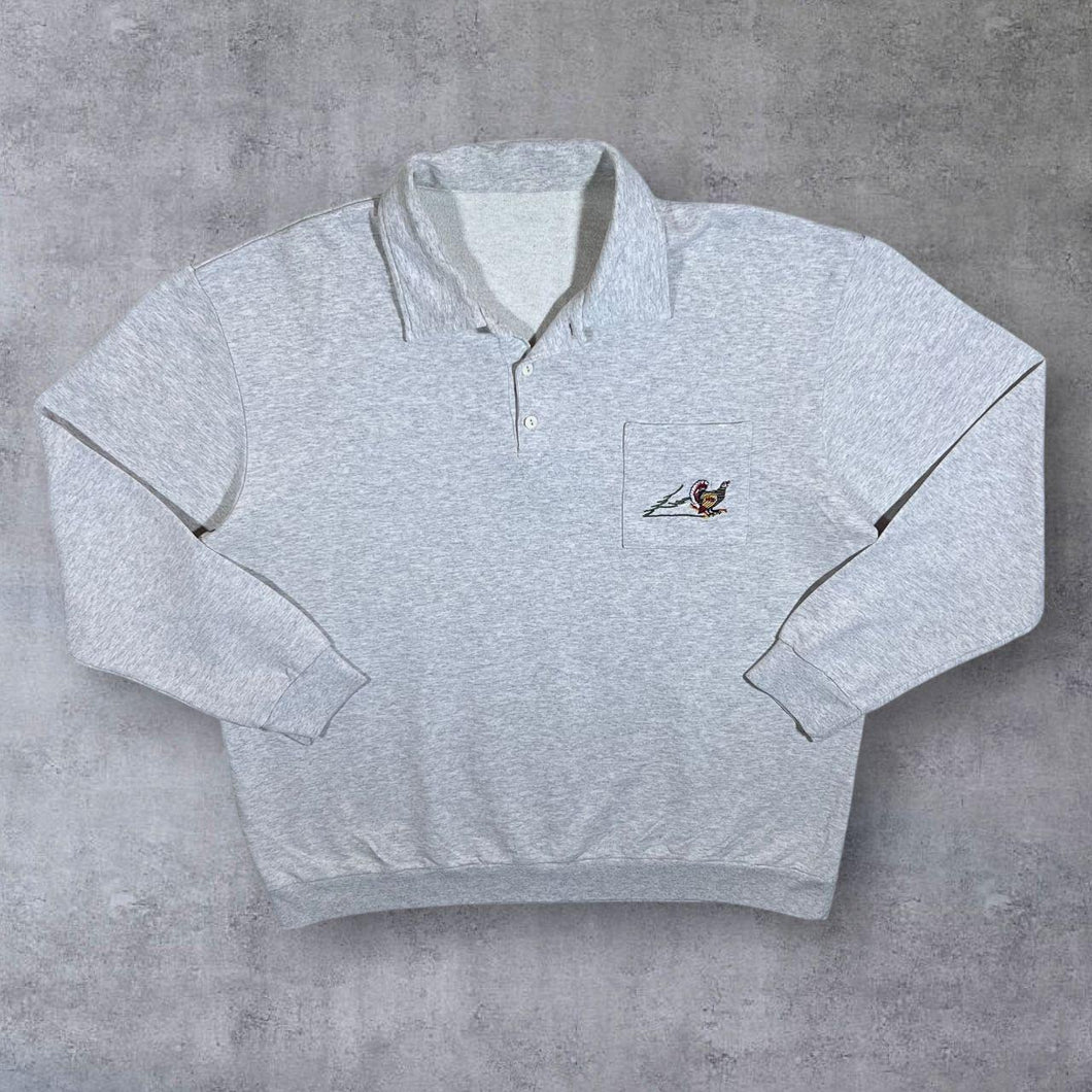 Vintage Embroidered Pheasant Bird Nature Grey Collared Sweatshirt