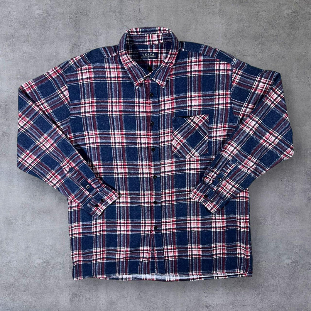 Vintage Vesta Grey Red White Plaid Check Long Sleeve Cotton Flannel Shirt
