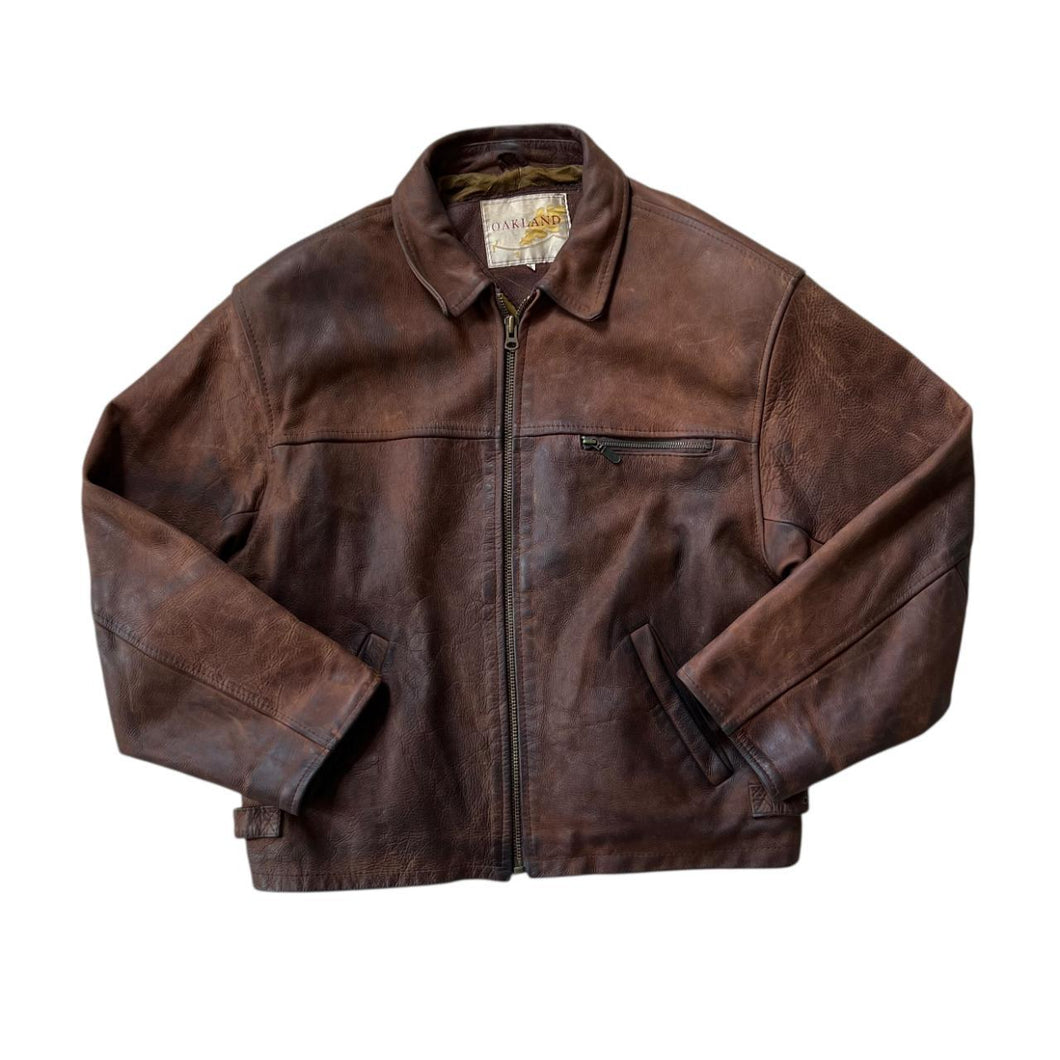 Vintage 90's Oakland Genuine Real Brown Heavyweight Leather Zip Bomber Jacket