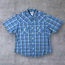 Load image into Gallery viewer, Vintage Wrangler "Wrancher" Blue Plaid Check Cowboy Western Popper Short Sleeve Shirt

