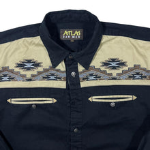 Load image into Gallery viewer, Early 00&#39;s Atlas For Men Cowboy Western Embroidered Aztec Black Long Sleeve Shirt
