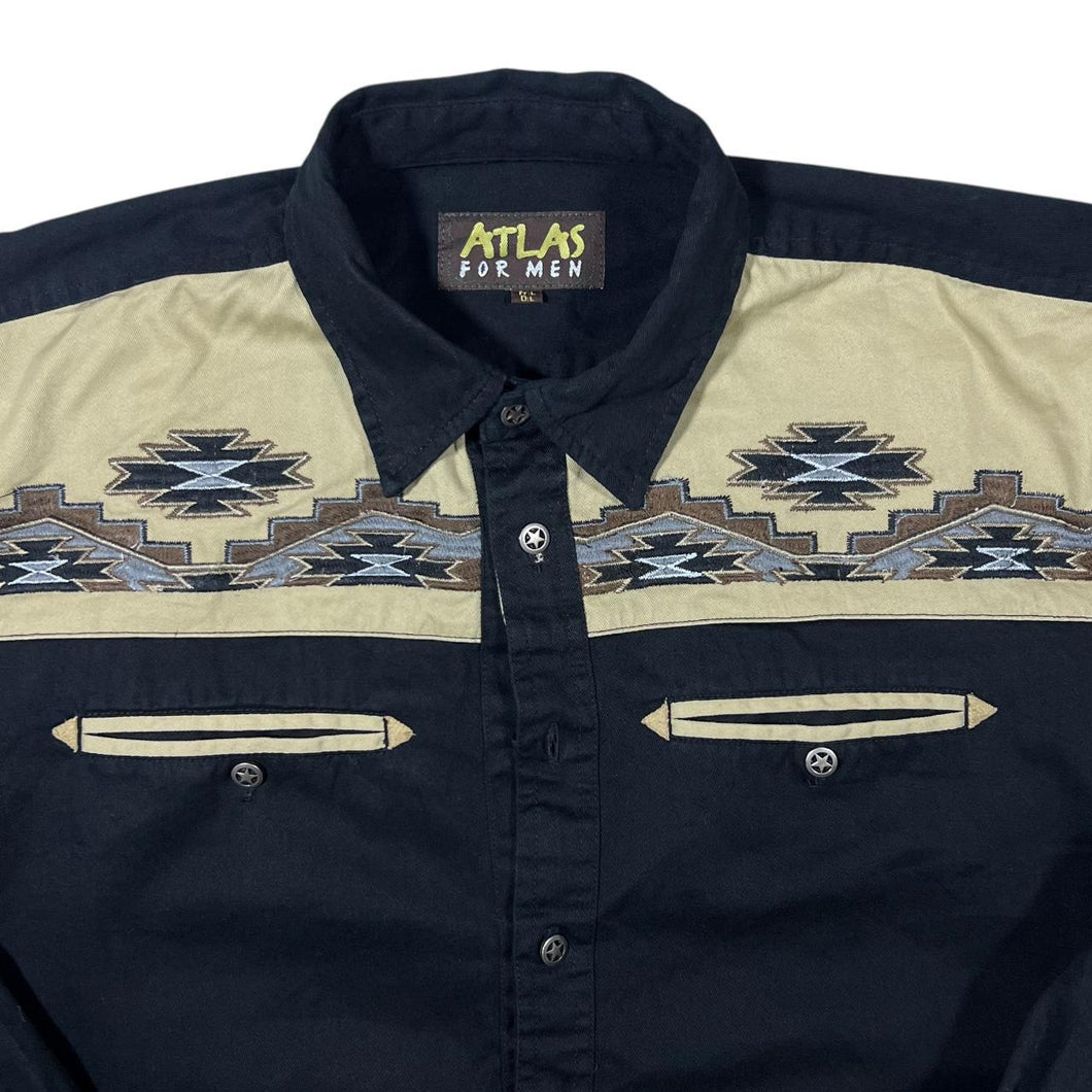 Early 00's Atlas For Men Cowboy Western Embroidered Aztec Black Long Sleeve Shirt