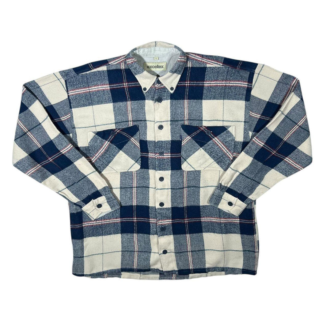 Vintage Exceltex Blue White Red Plaid Check Long Sleeve Flannel Shirt
