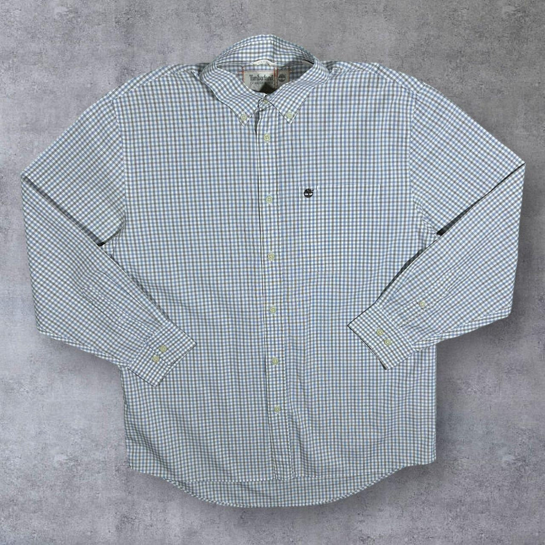 Timberland White Blue Brown Check Long Sleeve Cotton Button-Up Shirt