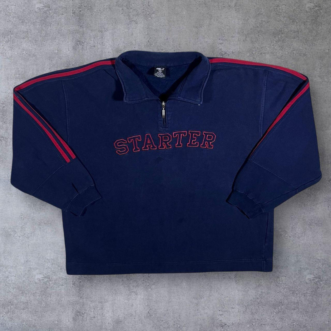 Vintage Starter Embroidered Big Spellout Navy Blue 1/4 Zip Pullover Sweatshirt