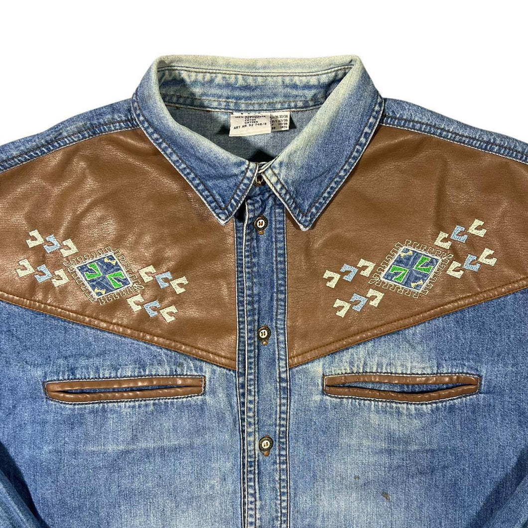 Vintage Cowboy Western Embroidered Patterned Blue Denim Long Sleeve Shirt