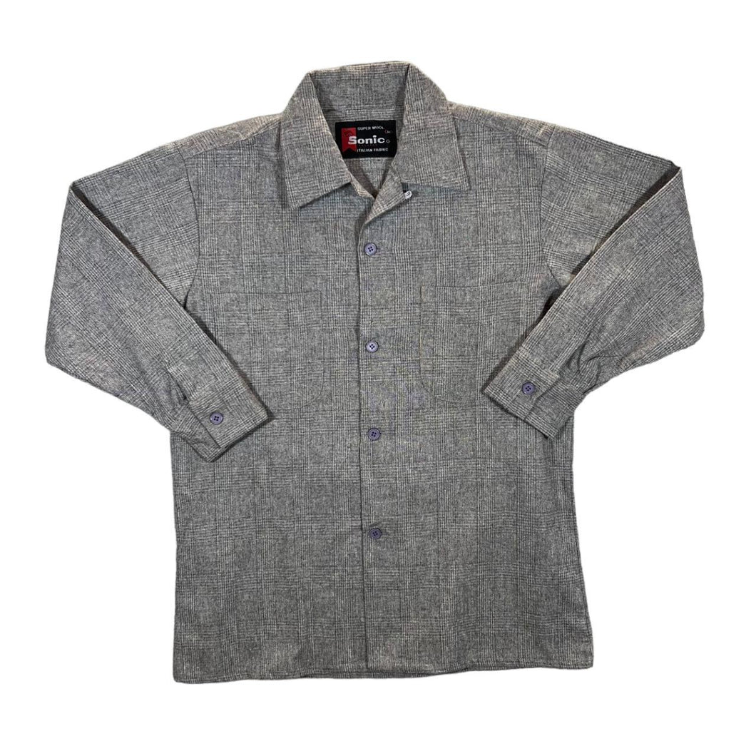 Vintage 90's SONIC ITALIAN FABRIC Grey Check Super Wool Long Sleeve Shirt