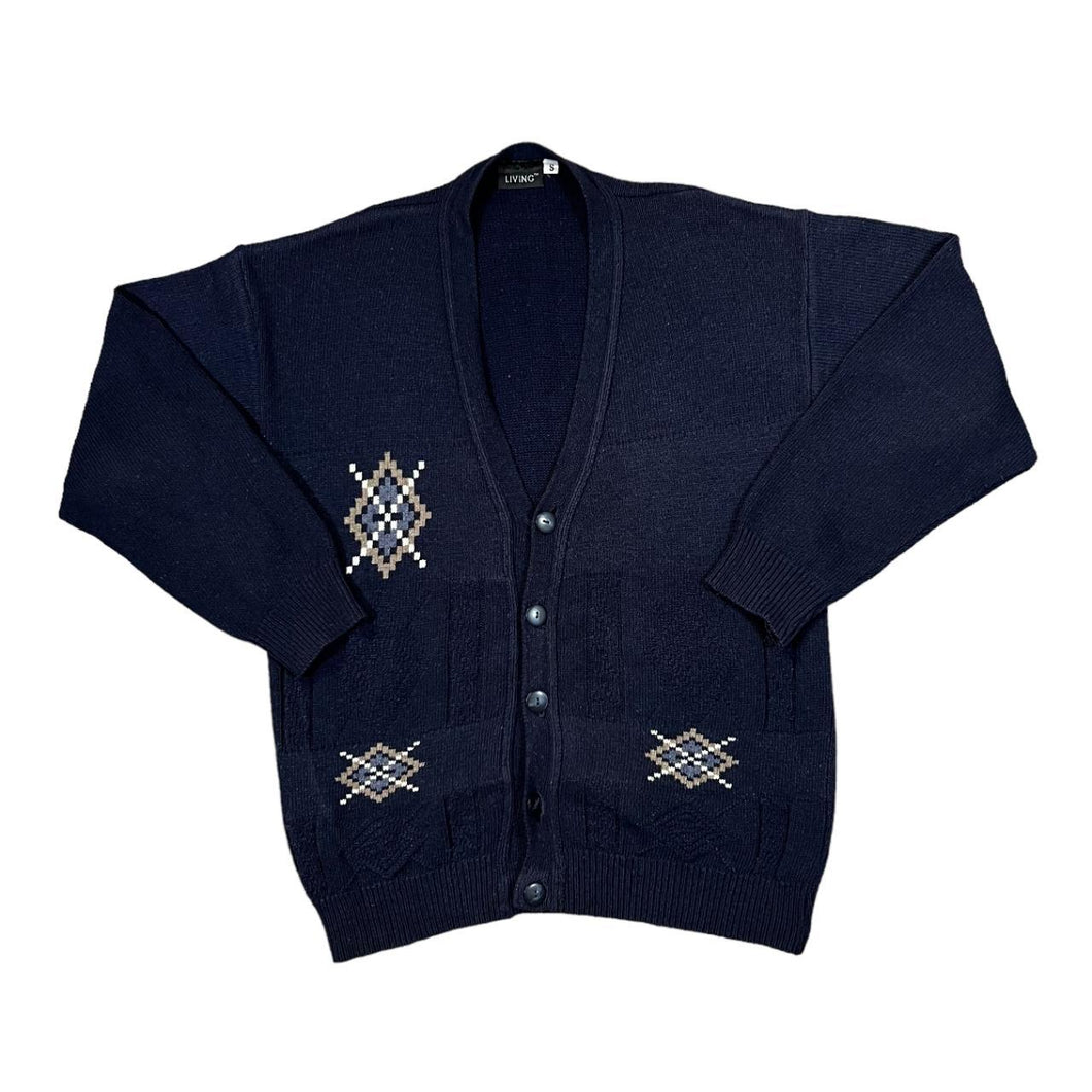 Early 00's LIVING Grandad Patterned Cotton Acrylic Knit Navy Blue Button Cardigan Sweater Jumper