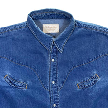 Load image into Gallery viewer, Schaefer Outfitter Made In USA Cowboy Western Blue Denim Popper Long Sleeve Shirt
