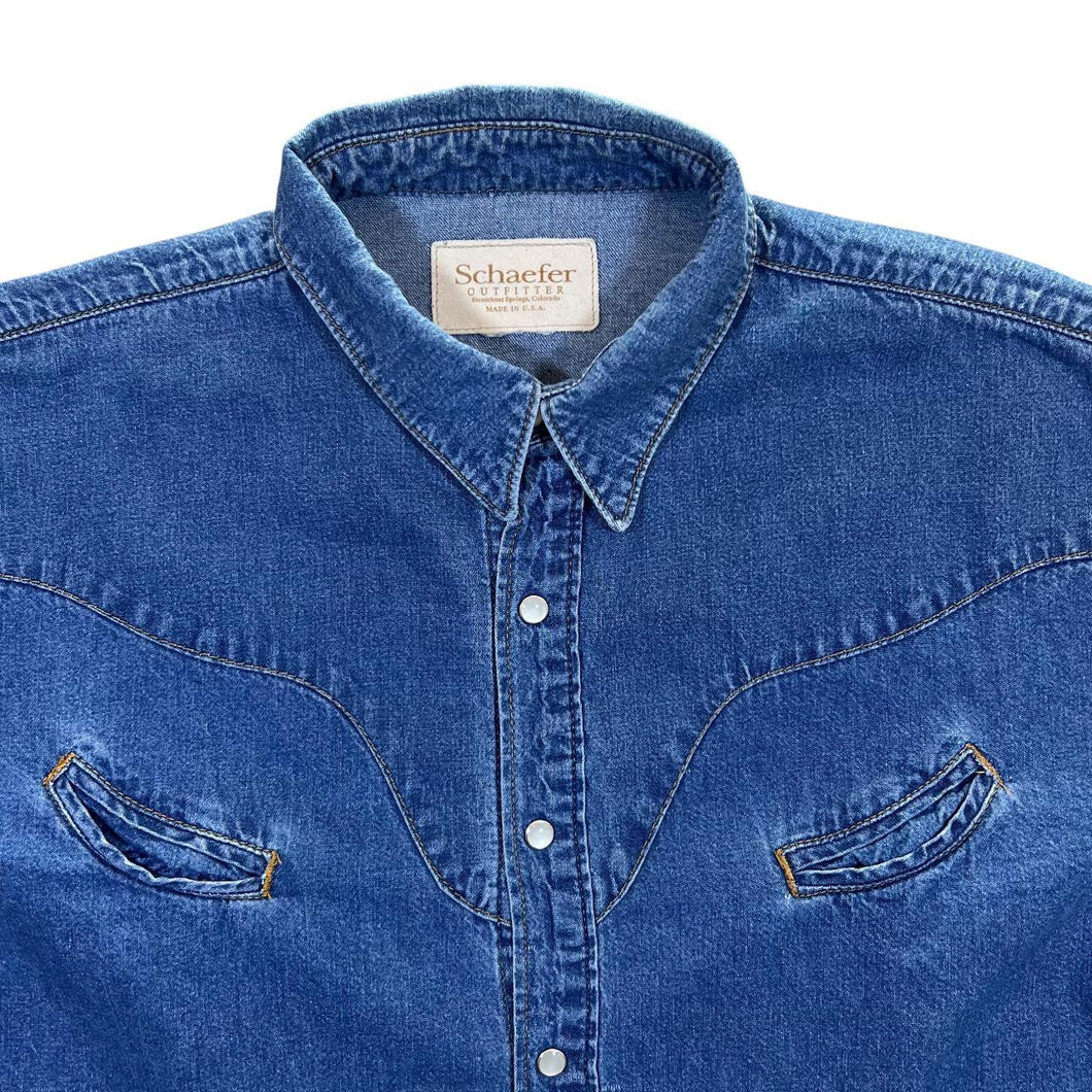 Schaefer Outfitter Made In USA Cowboy Western Blue Denim Popper Long Sleeve Shirt