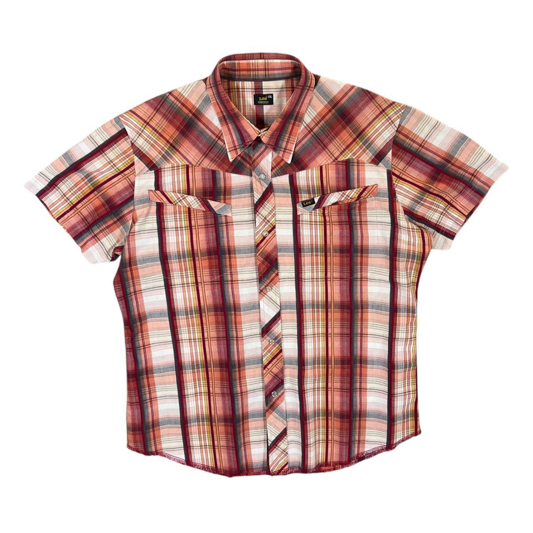 Vintage LEE Red White Orange Plaid Check Pearl Snap Popper Short Sleeve Shirt