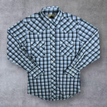 Load image into Gallery viewer, Vintage Wrangler Cowboy Western Black Blue White Plaid Check Popper Long Sleeve Shirt
