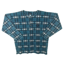 Load image into Gallery viewer, Vintage Psychotic Blue Black Plaid Check Grandad Collar Henley Long Sleeve T-Shirt
