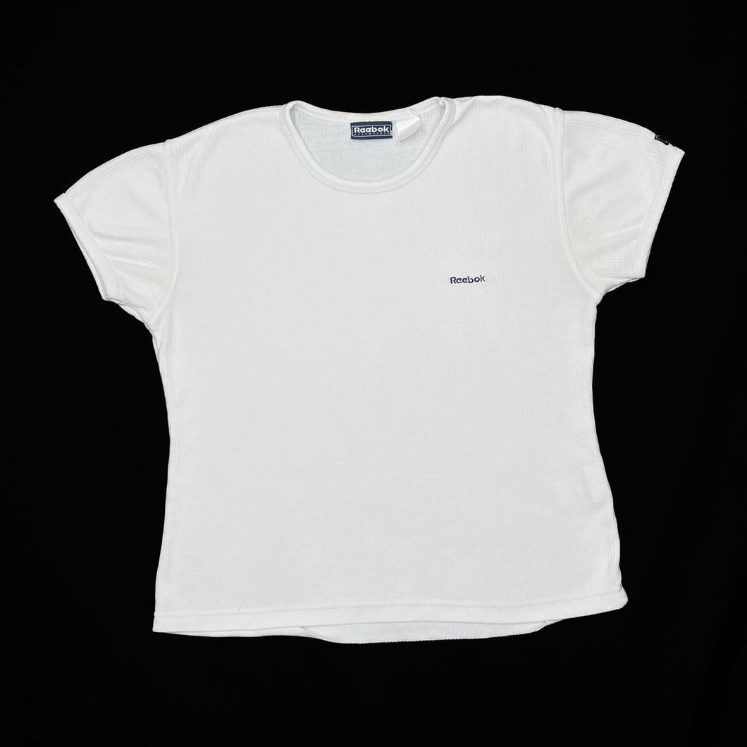 Early 00’s REEBOK ESSENTIALS Embroidered Mini Spellout Ribbed Stretch Cotton T-Shirt