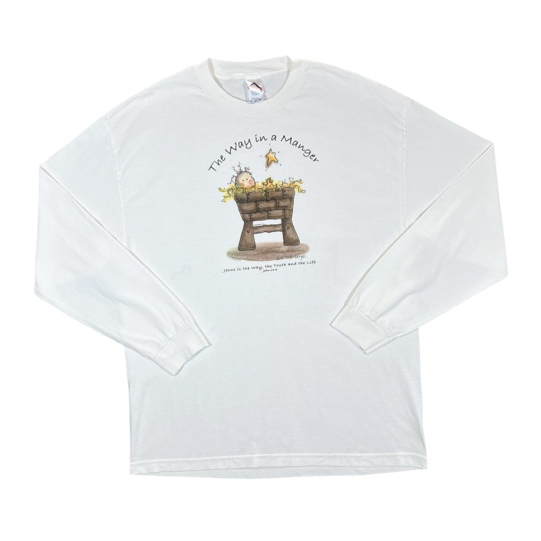 Early 00's THE WAY IN A MANGER Religous Cartoon Graphic Long Sleeve White T-Shirt