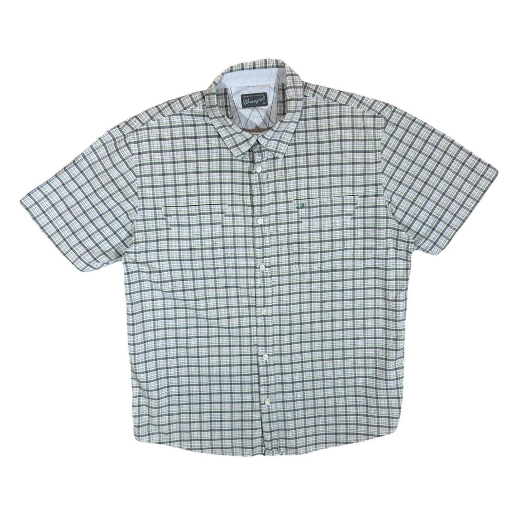 Early 00's WRANGLER White Green Multi Plaid Check Short Sleeve Cotton Shirt
