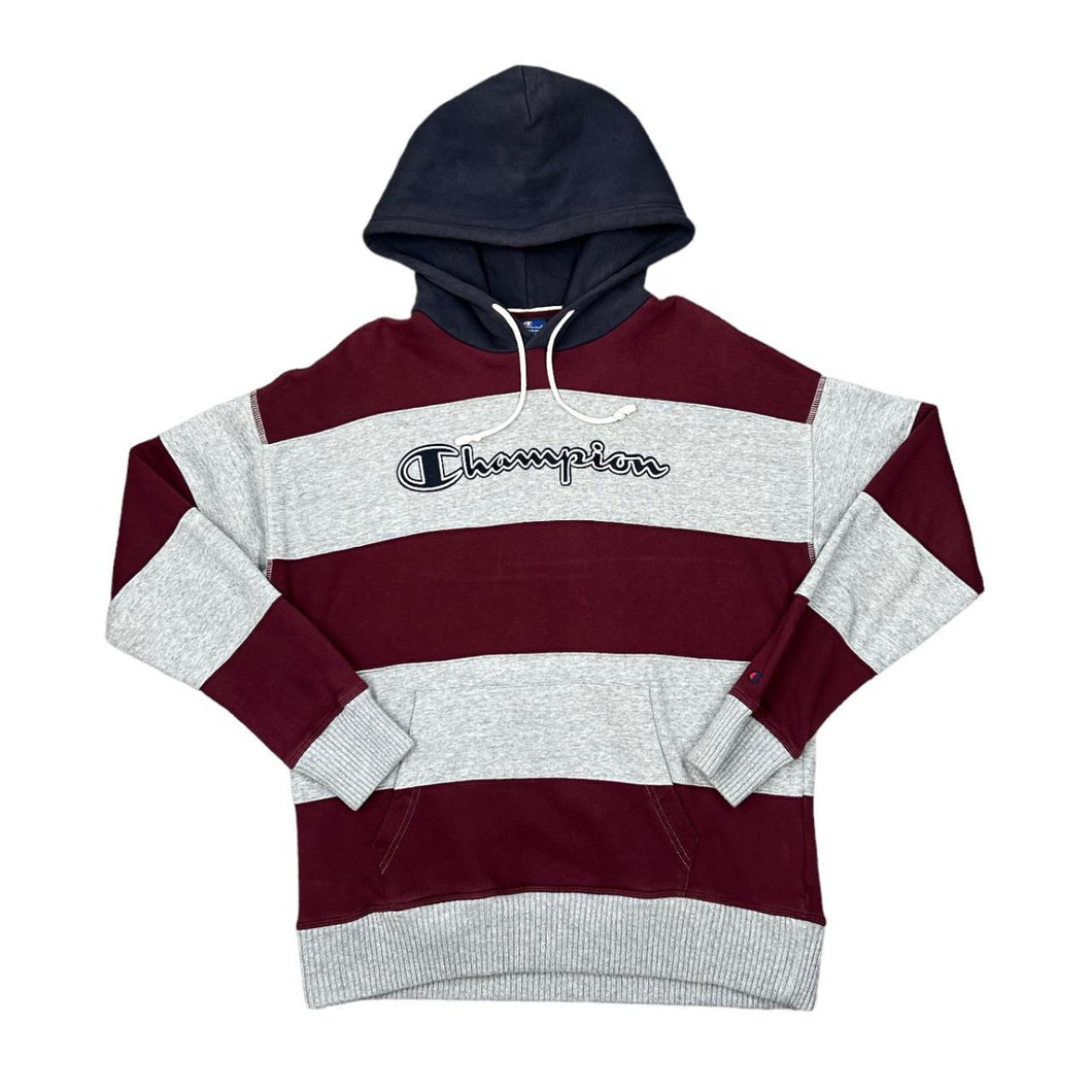 CHAMPION Colour Block Striped Embroidered Big Logo Spellout Pullover Hoodie