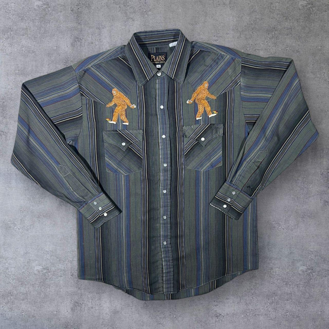 Vintage Plains Western Wear Bigfoot Sasquatch Cowboy Striped Long Sleeve Popper Shirt