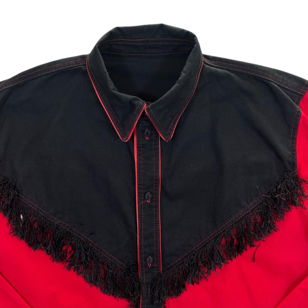 Cowboy Western Style Black Red Colour Block Tassel Long Sleeve Cotton Shirt