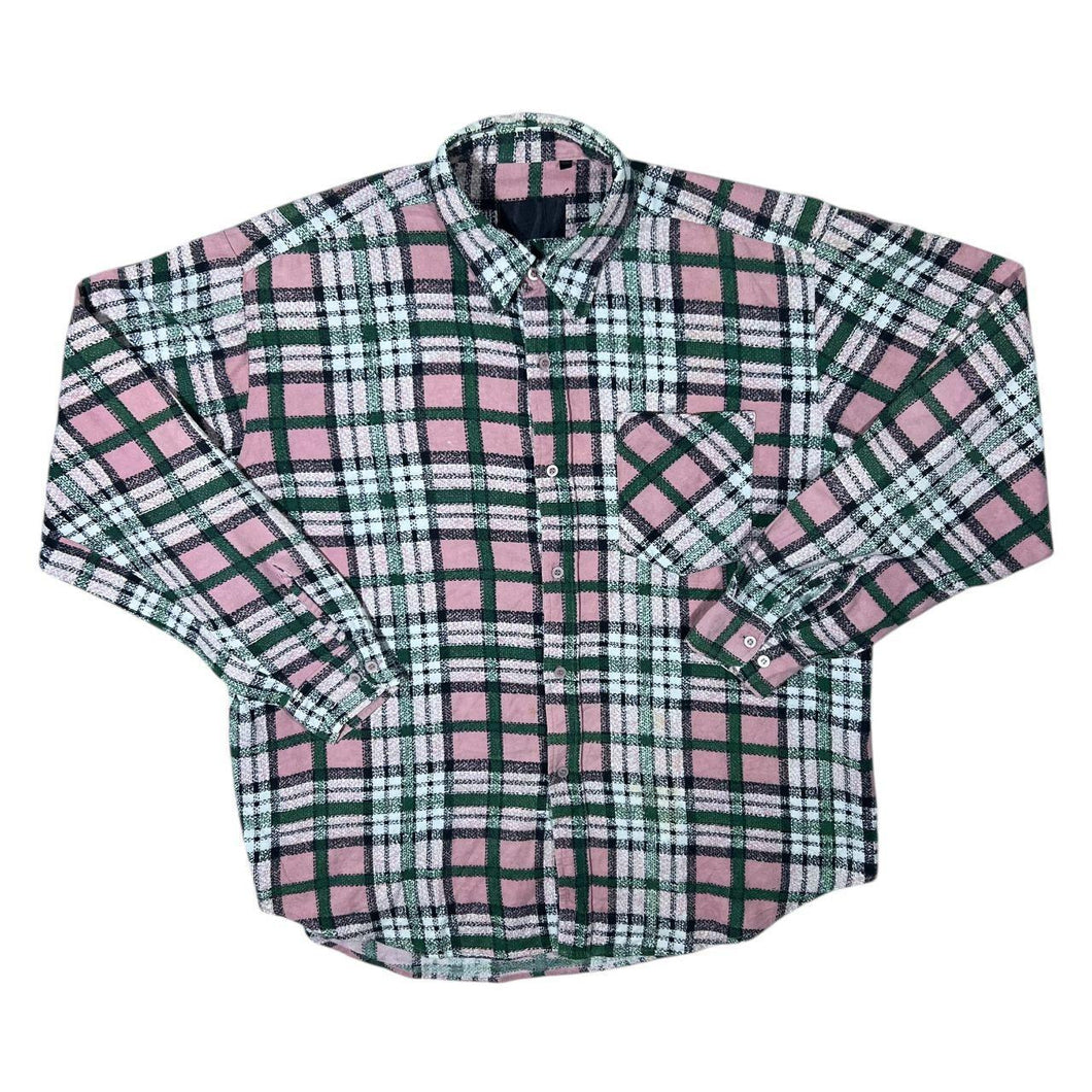 Vintage Pink Green Black White Plaid Check Long Sleeve Flannel Cotton Shirt
