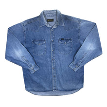 Load image into Gallery viewer, Vintage Lee &quot;Western Clothes&quot; Cowboy Pearl Snap Popper Blue Denim Long Sleeve Shirt

