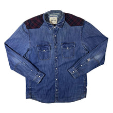 Load image into Gallery viewer, TTD Western Style Plaid Check Panel Blue Denim Popper Long Sleeve Shirt
