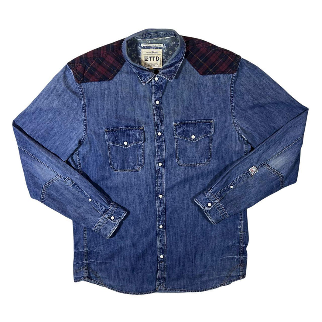 TTD Western Style Plaid Check Panel Blue Denim Popper Long Sleeve Shirt
