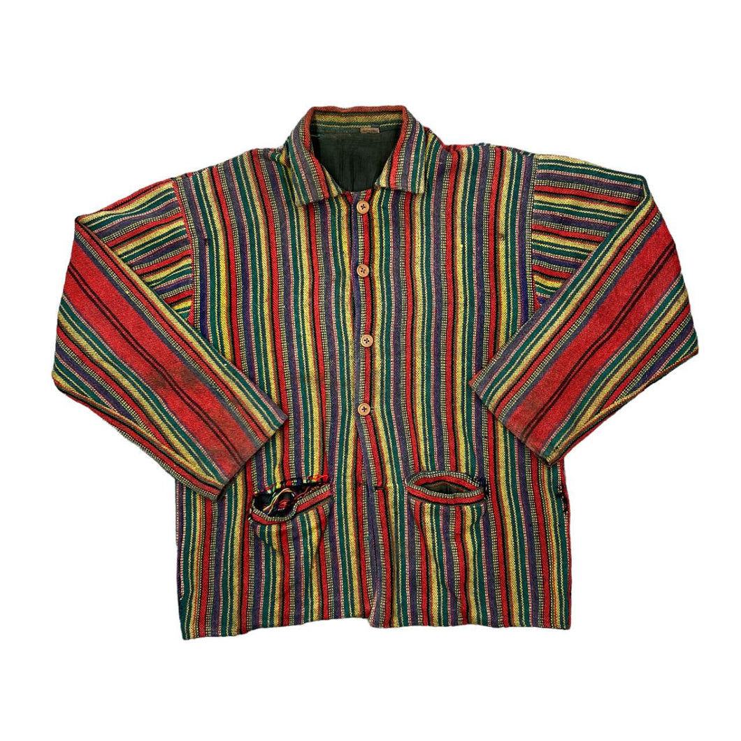 Vintage 90's MADE IN INDIA Multi Colour Blanket Striped Wool Button Collared Sweater Cardigan