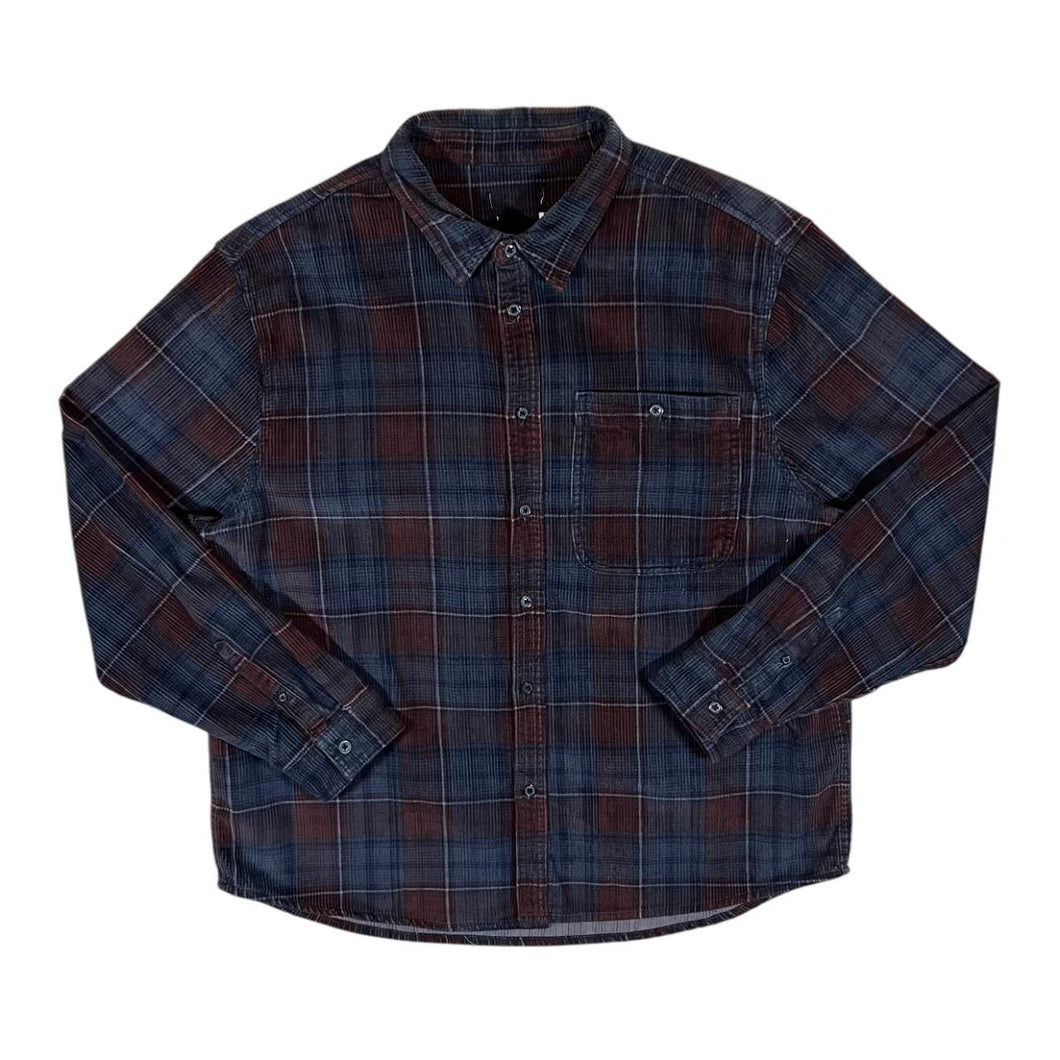 Navy Blue Burgundy Plaid Check Jumbo Corduroy Cord Long Sleeve Shirt
