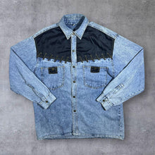 Load image into Gallery viewer, Vintage Cowboy Western Acid Wash Blue Denim Black Panel Popper Long Sleeve Shirt
