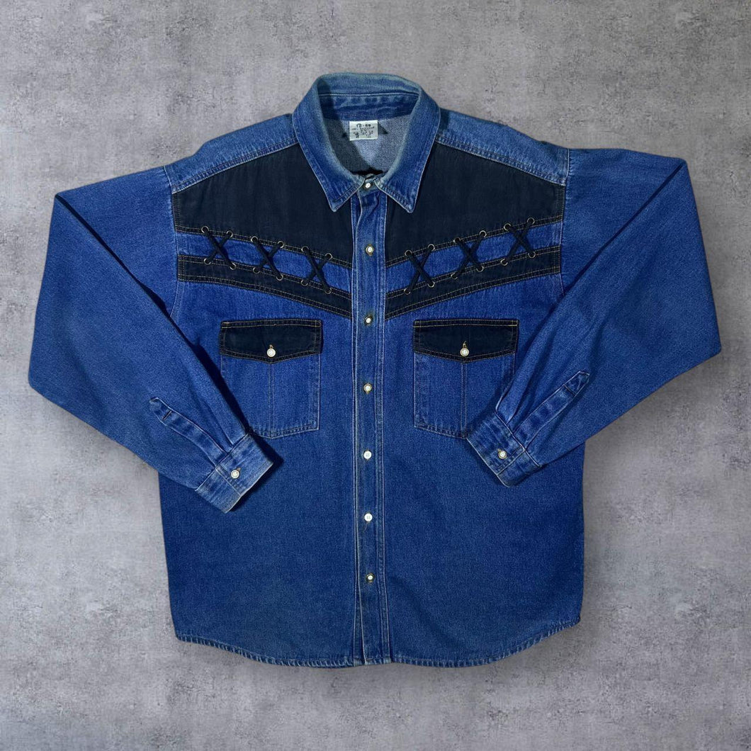 Vintage TG-69 Cowboy Western Blue Denim Long Sleeve Heavy Cotton Shirt