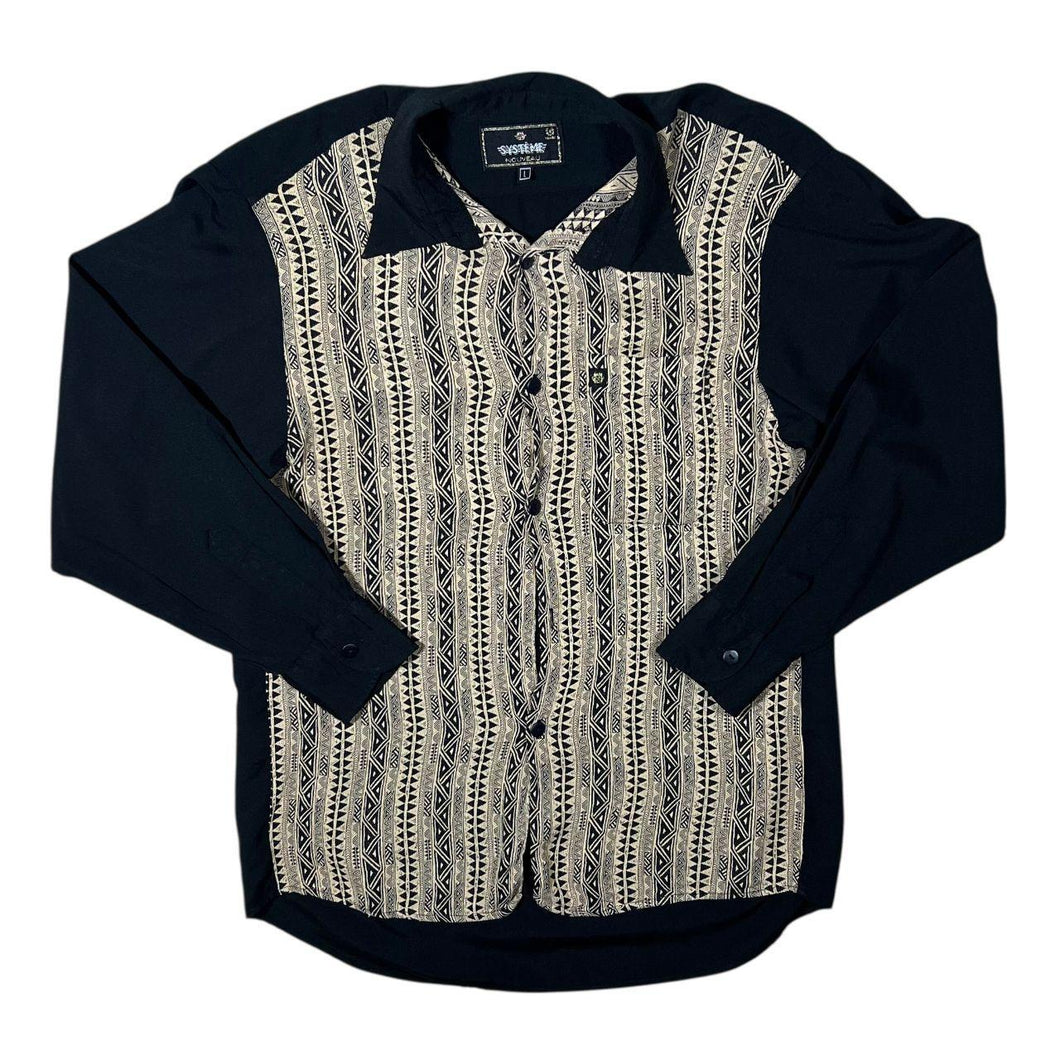 Vintage Systeme Nouveau Black Beige Abstract Patterned Long Sleeve Viscose Shirt